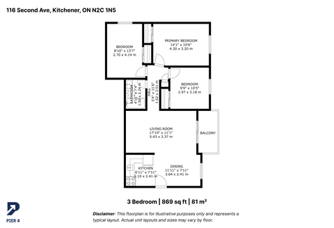 Floor plan for 3 beds, 1 bath, 869 sqft